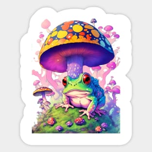 Colorful toad on mushroom field lots of pretty fantasy colors Sticker